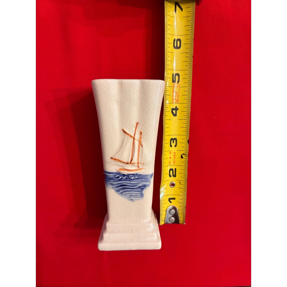 Vintage Japan Ceramic Sailboat Bud Vase Nautical Cream Crazed Glaze Mid Century